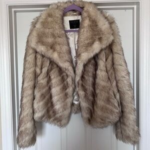 Guess Faux Fur Teddy Coat in Taupe and Cream Blend